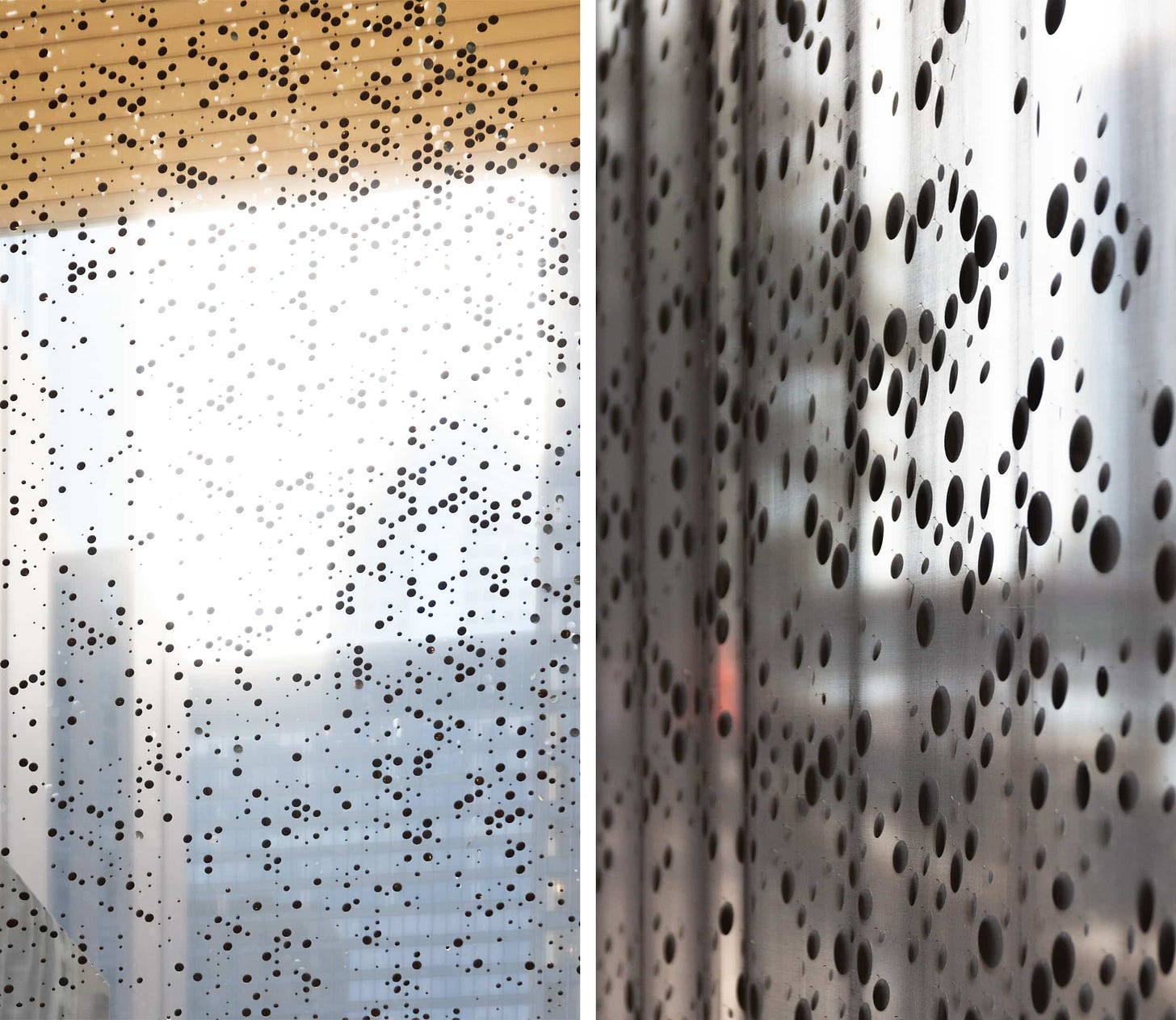 Details of the Curtain Takeover window at Apple Michigan Avenue. Individual paliettes are affixed to a black, semitransparent mesh. Details of the Curtain Takeover window at Apple Michigan Avenue. Individual paliettes are affixed to a black, semitransparent mesh.