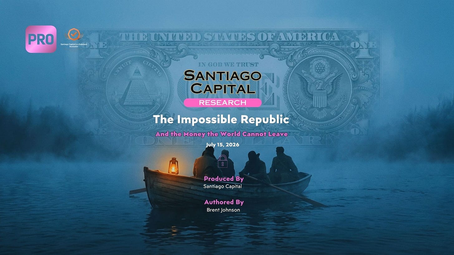 Santiago Capital Research report cover titled The Impossible Republic featuring misty boat scene
