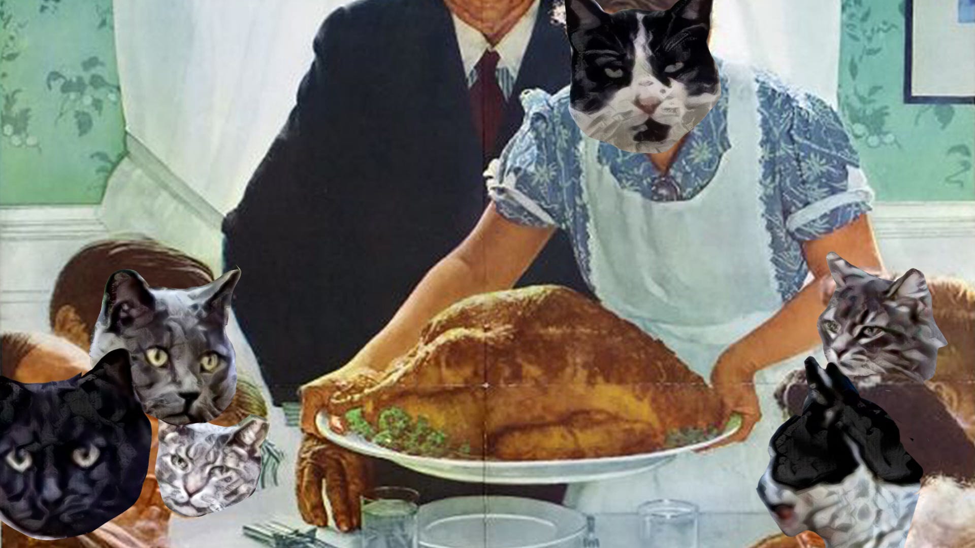 A spoof of Norman Rockwell’s Thanksgiving painting, Freedom from Want, with cat heads in place of the faces of the dinner guests A spoof of Norman Rockwell’s Thanksgiving painting, Freedom from Want, with cat heads in place of the faces of the dinner guests