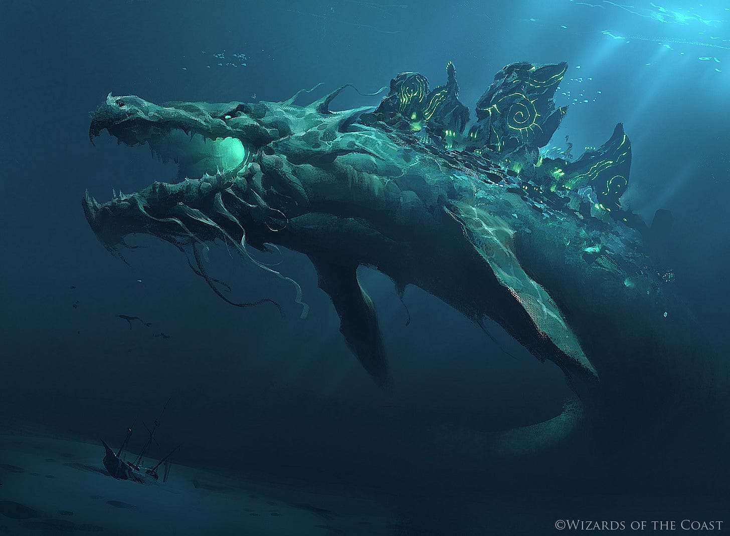 A mythical leviathan-like underwater creature with huge glowing jaws and runic looking carvings in the fins on its back. A mythical leviathan-like underwater creature with huge glowing jaws and runic looking carvings in the fins on its back.