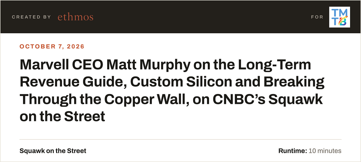 Marvell CEO Matt Murphy on the Long-Term Revenue Guide, Custom Silicon and Breaking Through the Copper Wall, on CNBC’s Squawk on the Street Marvell CEO Matt Murphy on the Long-Term Revenue Guide, Custom Silicon and Breaking Through the Copper Wall, on CNBC’s Squawk on the Street