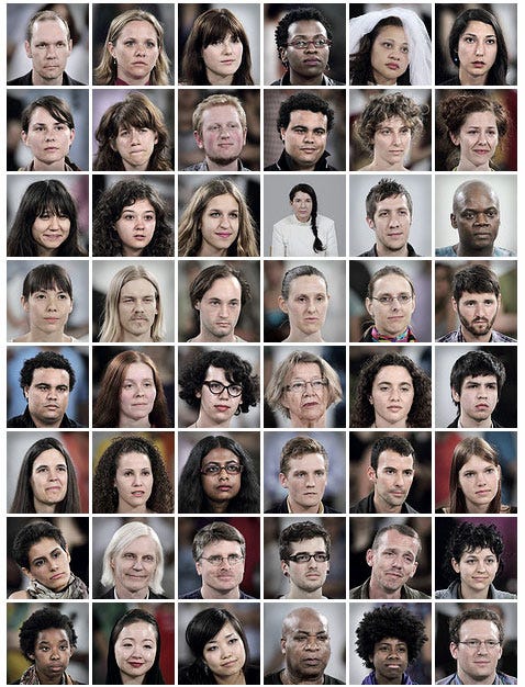 Many headshots, a woman in red with a long black braid sitting across from a man in a suit