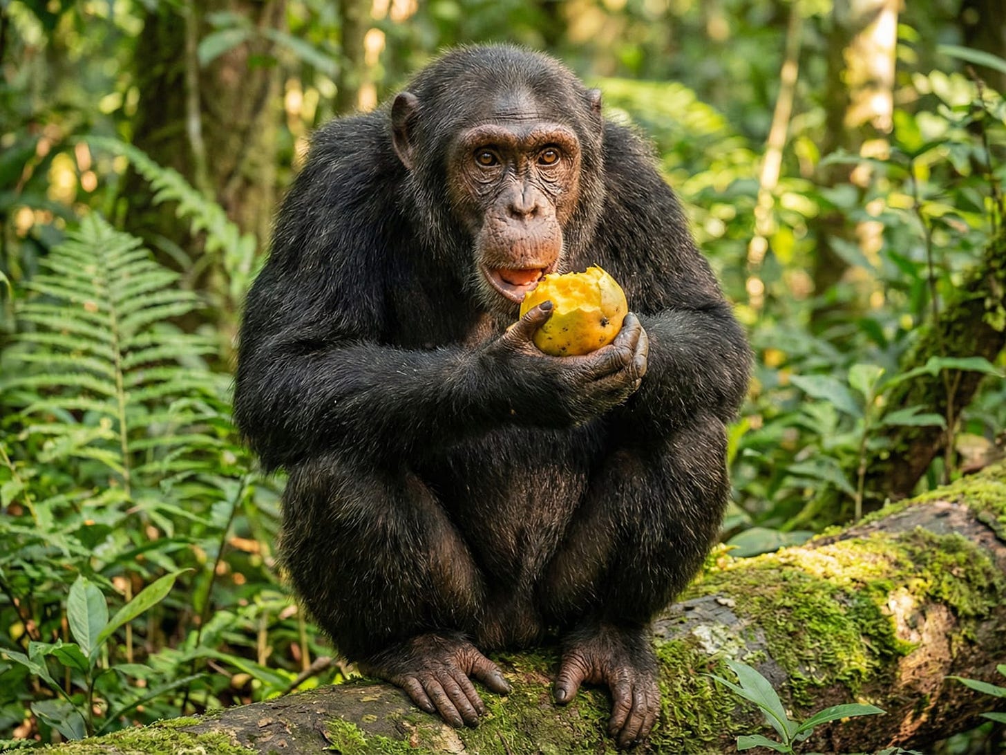 Photograph of a chimpanzee eating a mango