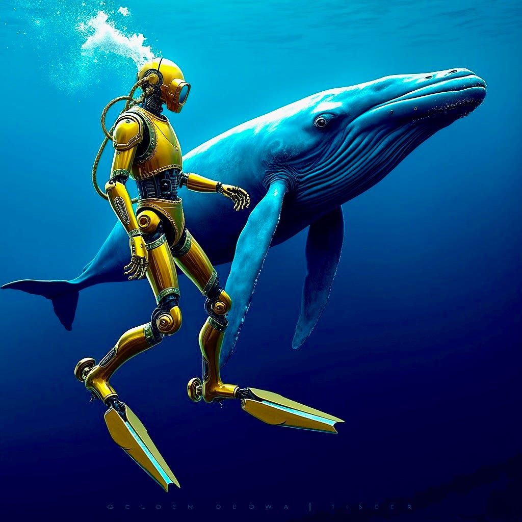 A robot and whale swimming in the water

AI-generated content may be incorrect.