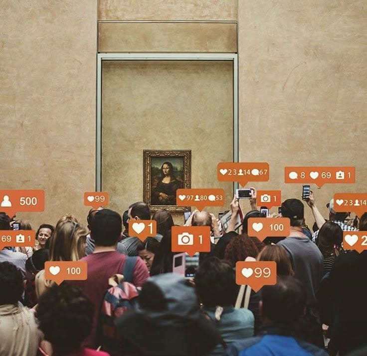 This may contain: an image of people in front of a painting on the wall with orange bubbles above them