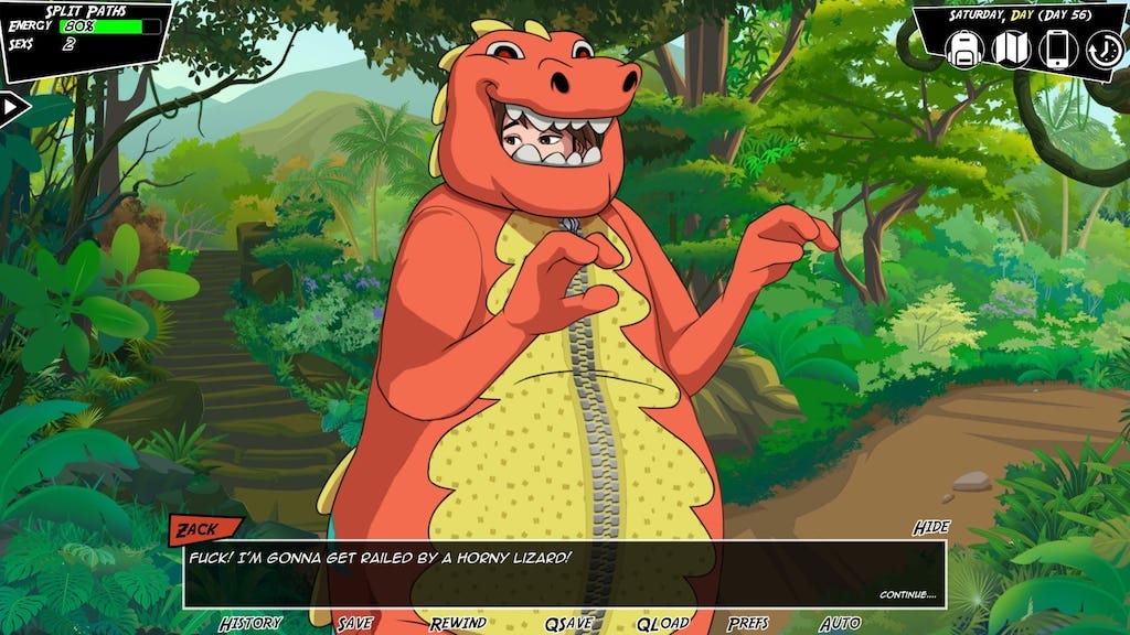 The protagonist, dressed as a red dinosaur, is running away from an extremely horny giant lizard