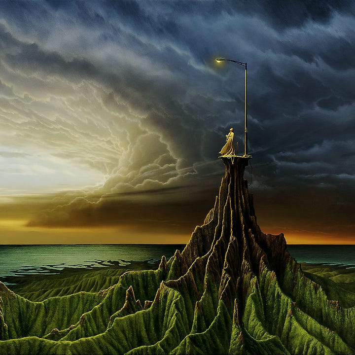 LEFT: Detail of solitary figure in white robes standing on a platform of eroding earth beneath a yellow streetlight. A violent storm front brews in the background, while there is no escape below as the earth has eroded to a peak of thin meandering ridges. RIGHT: Close detail of solitary figure in white robes standing under a yellow streetlight on a platform of eroding earth. She holds an ammonite fossil in one hand with the other pressed to her chest as she looks up. At her feet a chain dangles over the edge holding a small red glass heart. Beneath the base of the lamppost, a length of wire is exposed until is feeds back into the earth below.