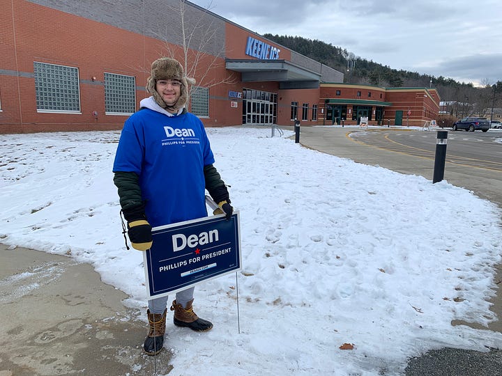 photo 1 of "I voted" sticker and Ukrainian flag sticker on coat. Photo 2 of a polling station sign. Photo 3 of a Joe Biden advocate holding a sign. Photo 4 of a Dean Phillips advocate holding a sign.