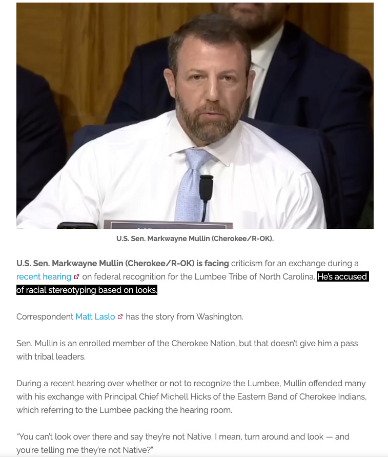 Screenshot of Markwayne Mullin featured photo that accompanied Ask a Pol founder Matt Laslo's feature on racial profiling. 