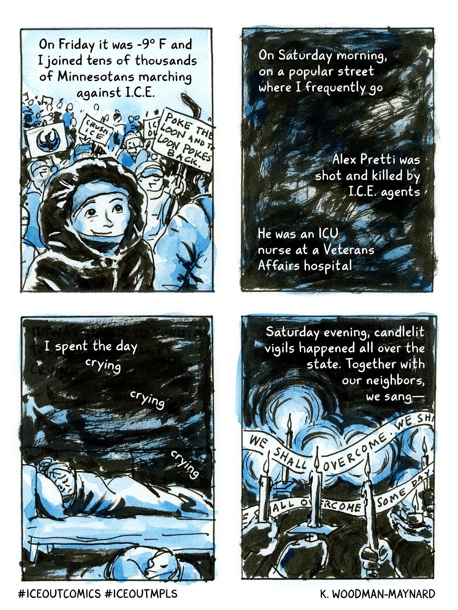 Watercolor comic by graphic novelist K.Woodman-Maynard about the #ICEout comics movement on Instagram. 