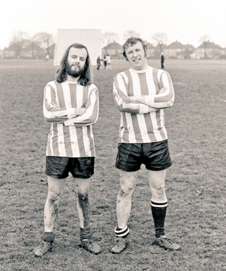 Radio 1 DJ John Peel with his Producer John Walters at a BBC Charity Match  in 1971 #Radio #Football #DJs #Producers