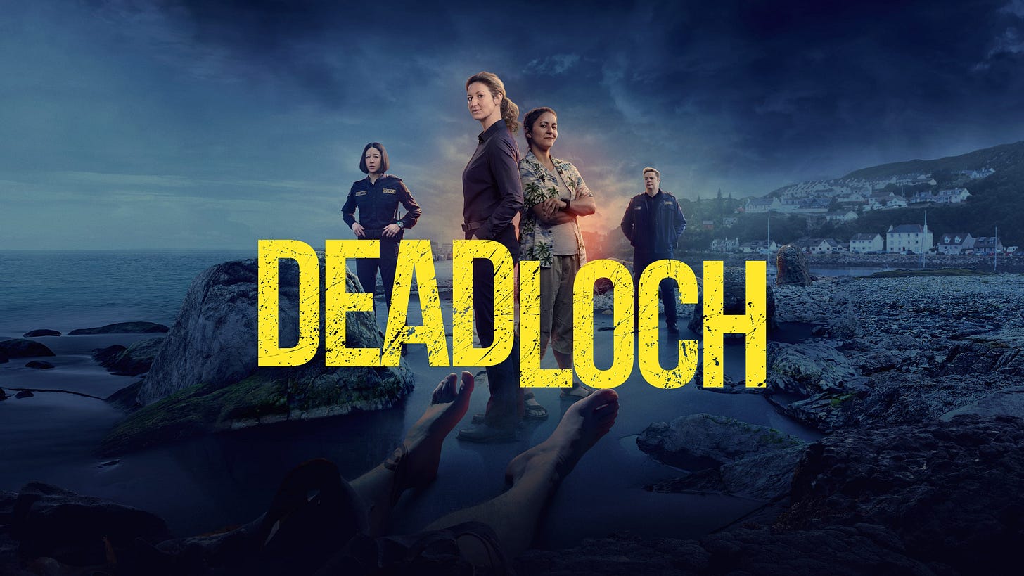 A promotional image for the TV show Deadloch which shows the lead detectives and officers standing on a blue-toned beach