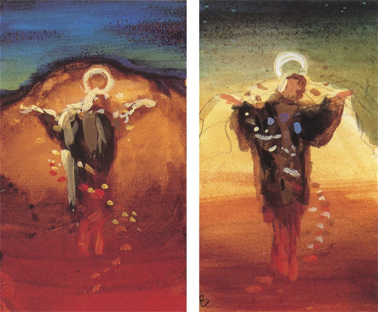 LEFT: Rough color study capturing the shrug in front of gold and red clouds with dusky blue sky showing above.  RIGHT: Rough color study capturing the shrug in front of a cream colored background that blends to red below. The sky above is rendered darker green.