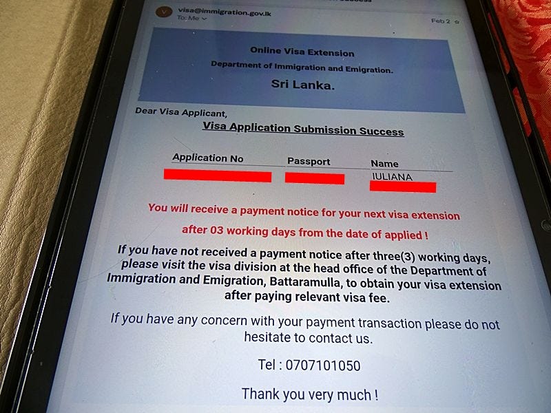 Online visa extension application confirmation for Sri Lanka displayed on a mobile device.