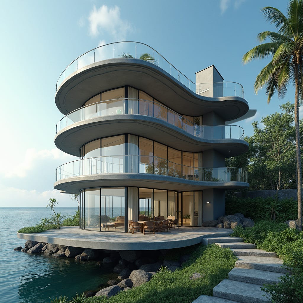 This conceptual residential study is formed as a fluid, multi-storey structure shaped by continuous curved slabs that respond to shoreline geometry. Wraparound balconies and full-height glazing establish uninterrupted visual connections to sea and horizon while providing layered solar protection. The reinforced concrete form operates as both structure and environmental device, moderating wind, light, and movement. Architecture is expressed as a seamless interface between land, water, and habitation. Year: 2025 Lead Designer: Jamaica Homes Type: Conceptual Residential Architecture Main Architectural Elements: curved concrete floor plates · wraparound balconies · full-height glazing · coastal siting · integrated circulation core Category: Concept Location: Portland, Jamaica A study in continuity, where structure and landscape resolve into a single coastal form. © Jamaica Homes 2025 jamaica-homes.com · All rights reserved #JamaicaHomes #ConceptArchitecture #CoastalArchitecture #CaribbeanModern #TropicalDesign #ConcreteArchitecture #ResidentialConcept #IslandLiving #BuiltEnvironment #DesignStudy