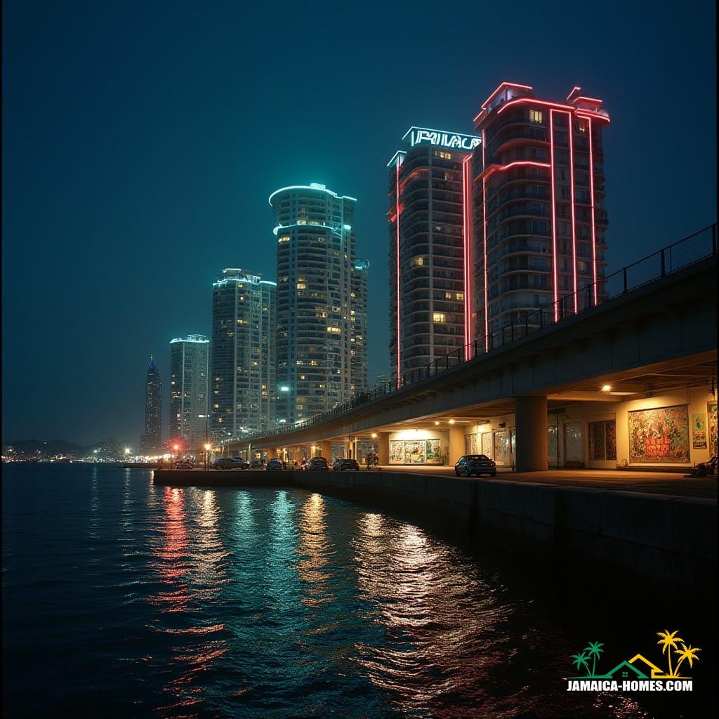 Glowing Kingston waterfront at night, futuristic condos with neon edges, illuminated skybridges, cars parked below, reflections on Caribbean Sea, Jamaican flags, murals, and reggae posters, cinematic lighting, shot on 35mm film with v-raptor XL, film grain, vignette, color graded, post-processed, inspired by the dramatic styles of Denis Villeneuve, Roger Deakins, and Emmanuel Lubezki.