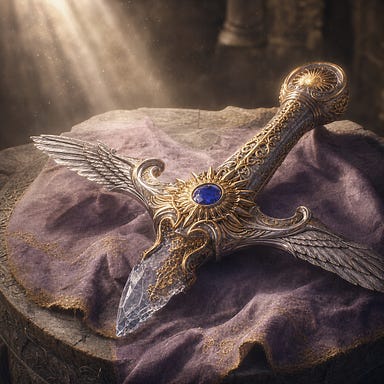 Sun Sword hilt: a platinum crossguard shaped like eagle wings, a sunburst guard cradling a deep blue sapphire, gold filigree worked into the metal, and a jagged shard of crystal where the blade once began. Resting on faded lavender cloth atop a stone pedestal, surrounded by soft radiant light. Fully original design.