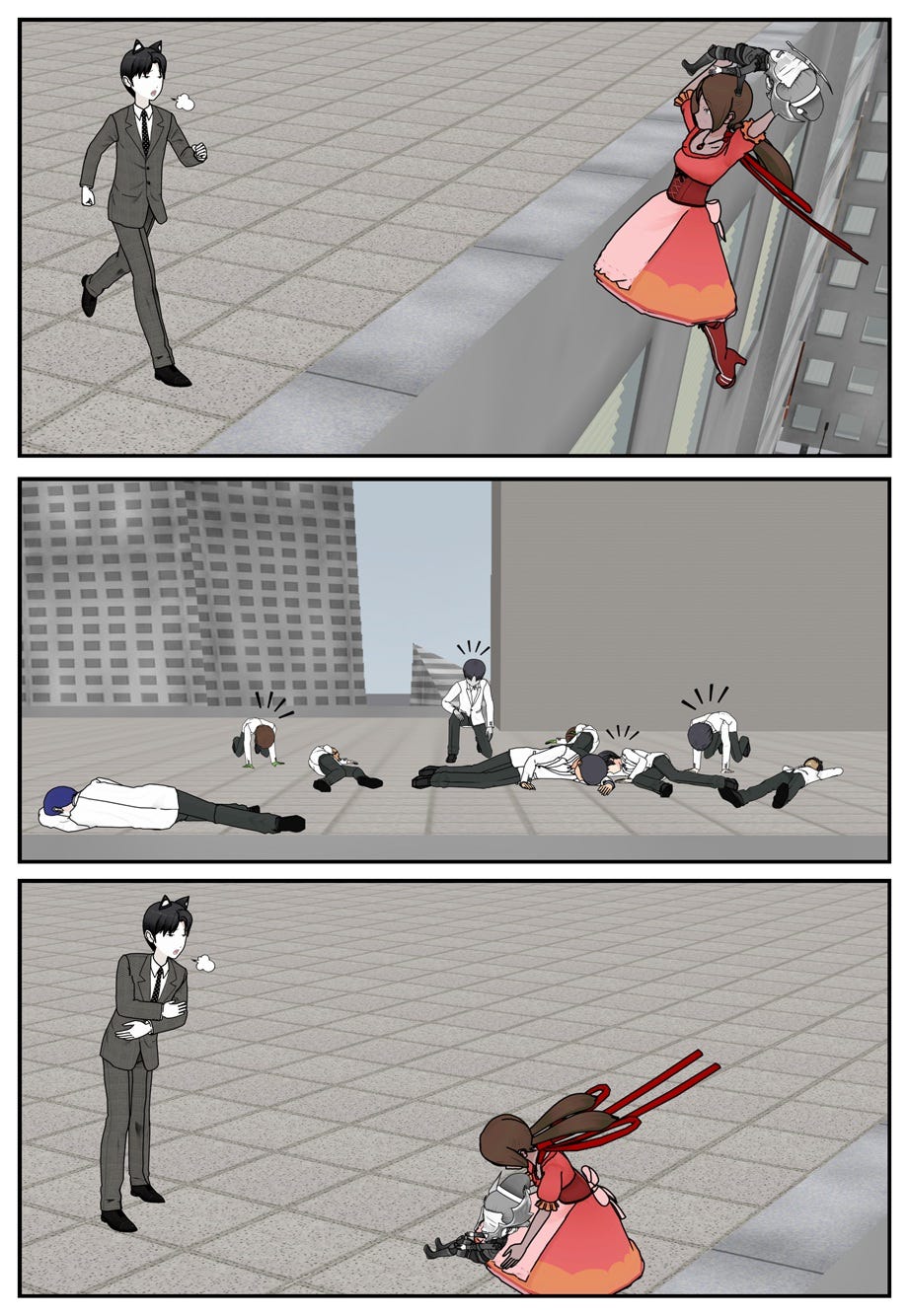 Vana flies back up to the roof, carrying the unconscious Mouse and meeting a panting, relieved Ace who has left the entire crowd of henchmen hurting and defeated.