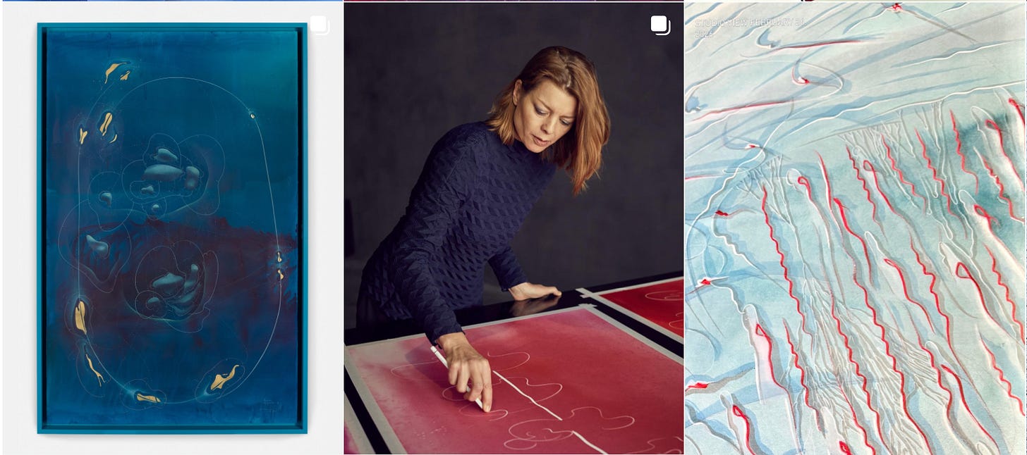 Three-image collage featuring a blue abstract work by Jorinde Voigt, a portrait of the artist in her studio, and a close-up of a pale abstract work with red linear marks.