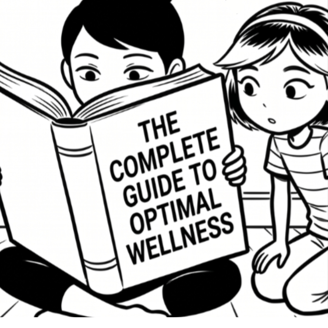 Zara reads a giant wellness book while Aari looks on curiously.