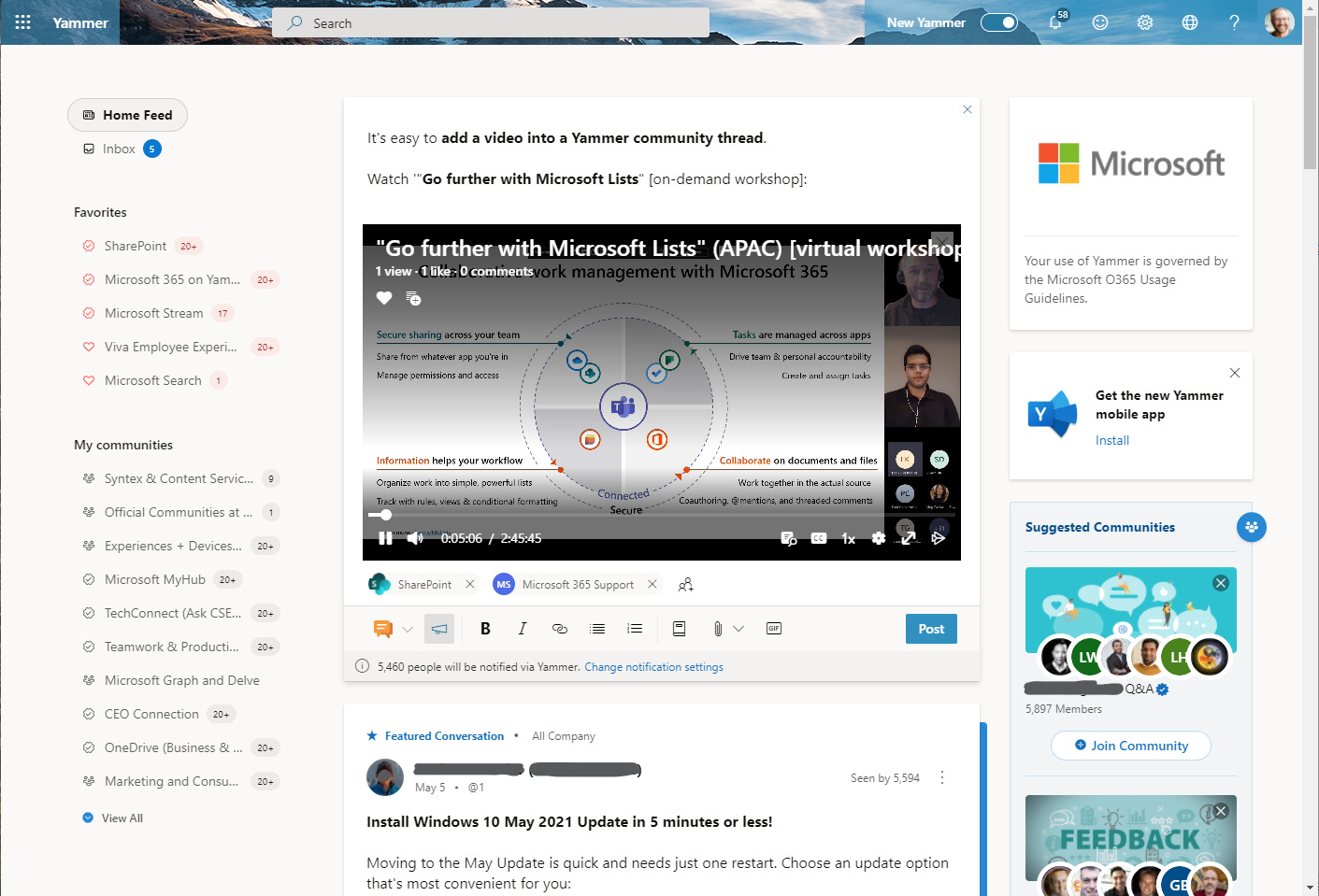 Copy and paste a video URL into a Yammer conversation, or post from Stream into a Yammer community to start a new thread. Copy and paste a video URL into a Yammer conversation, or post from Stream into a Yammer community to start a new thread.