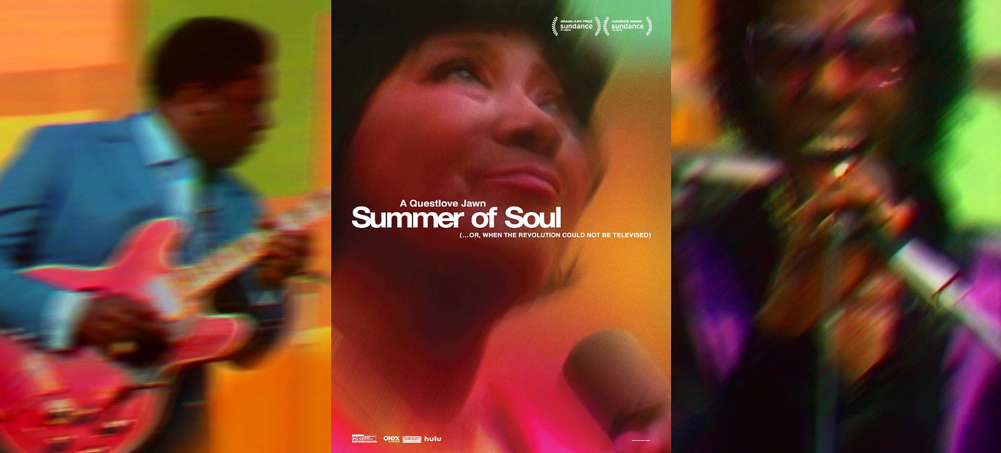 A series of three blurry images: B.B King playing the guitar, Mahalia Jackson looking up, and Sly & The Family Stone singing. 