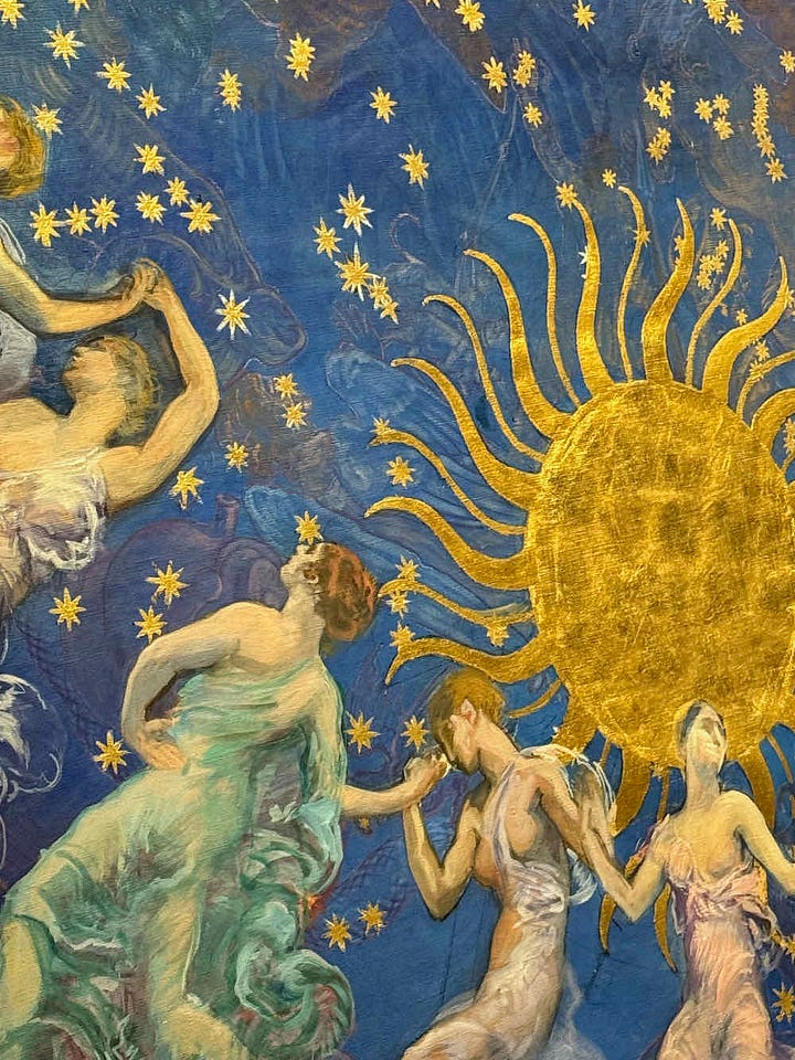 My bobble hat twin Jeanne, two views from outside the National Gallery and detail of Edwin Austin Abbey's The Hours