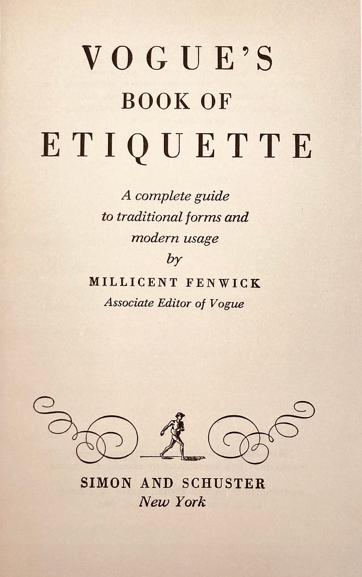 Four images, one of the spine of a red cloth book cover with gold letters that reads Vogue's Book of Etiquette. It's set on a dark wood background. The next three images are all shots from teh book, The interior title page, and the two pages of excerpt related to the article. No interesting notes about font or layout.