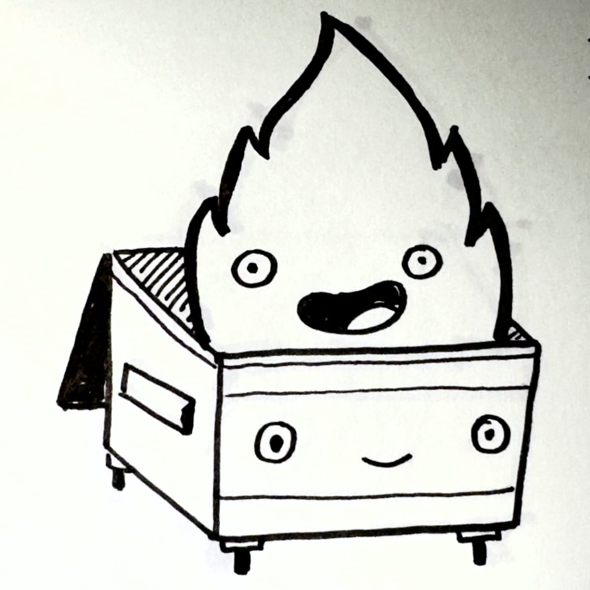 a cartoon sketch of a kawaii dumpster and fire