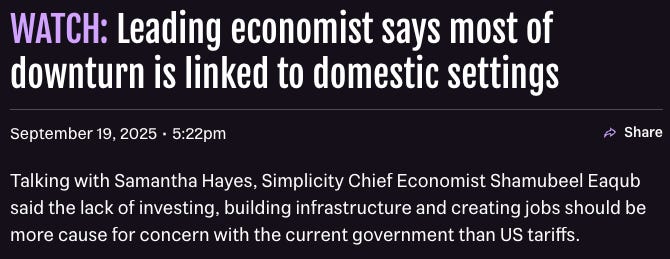 "Talking with Samantha Hayes, Simplicity Chief Economist Shamubeel Eaqub said the lack of investing, building infrastructure and creating jobs should be more cause for concern with the current government than US tariffs."