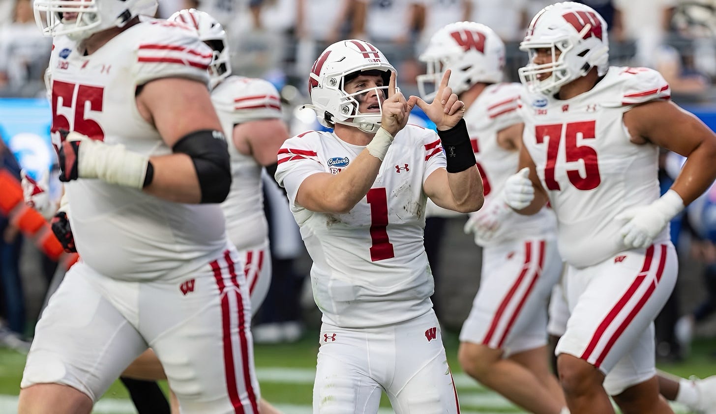 Wisconsin quarterback Colton Joseph celebrates on the field during the Badgers’ win over Penn State. Wisconsin quarterback Colton Joseph celebrates on the field during the Badgers’ win over Penn State.