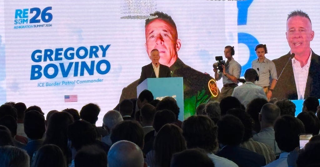 Former US Ice official Greg Bovino, who became the face of Trump's immigration crackdown, at the remigration conference in Portugal