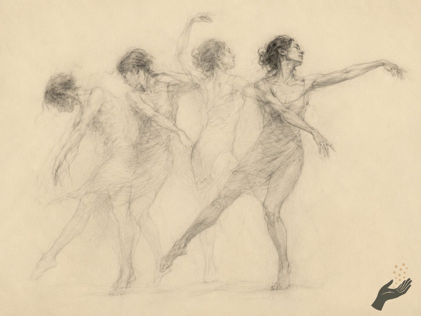 Soft graphite sketch on cream paper of a dancer shown in multiple overlapping positions, with one darker figure emerging from several faint motion studies.