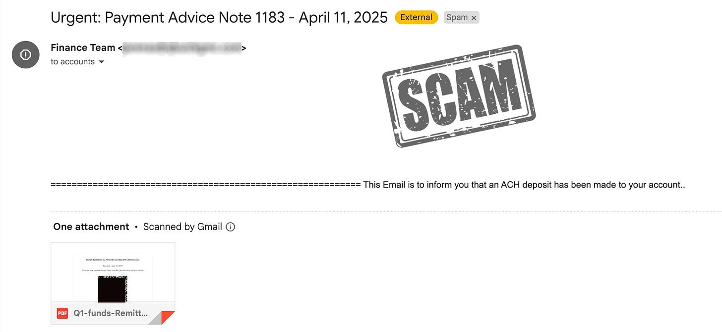 Sreenshot of scam email claiming to be a paymwent advice.
