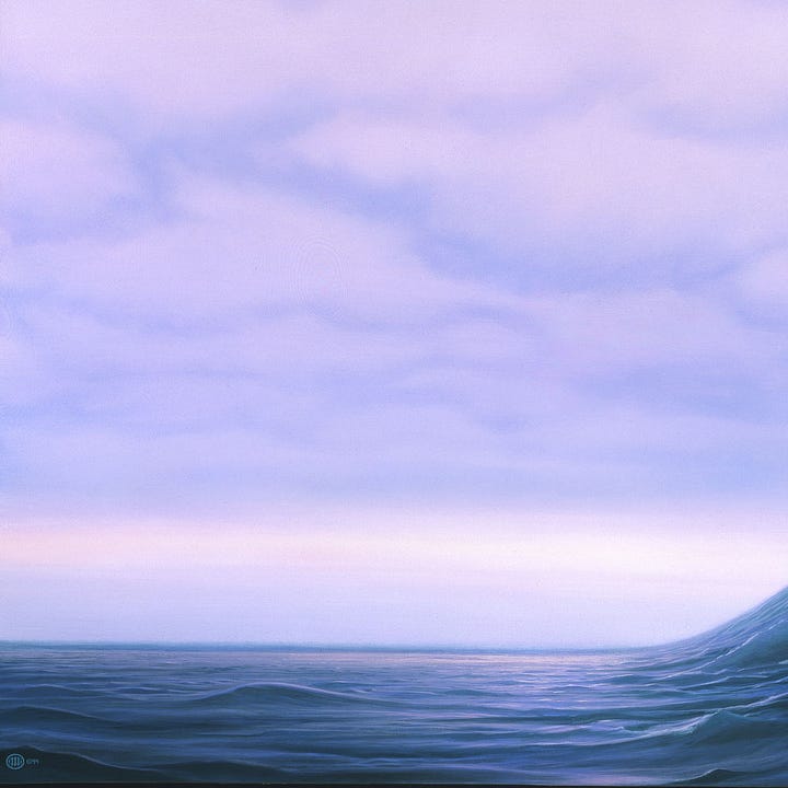 LEFT: Detail from WAVE featuring the flat part of the curve. Light breaks through the clouds just above the horizon providing an even glare across the rippling surface of water. RIGHT: Detail from WAVE featuring exponential climb of the wave as it quickly reaches vertical. Fin-like ridges emerge running up the wall giving the water turbulence and dimension.