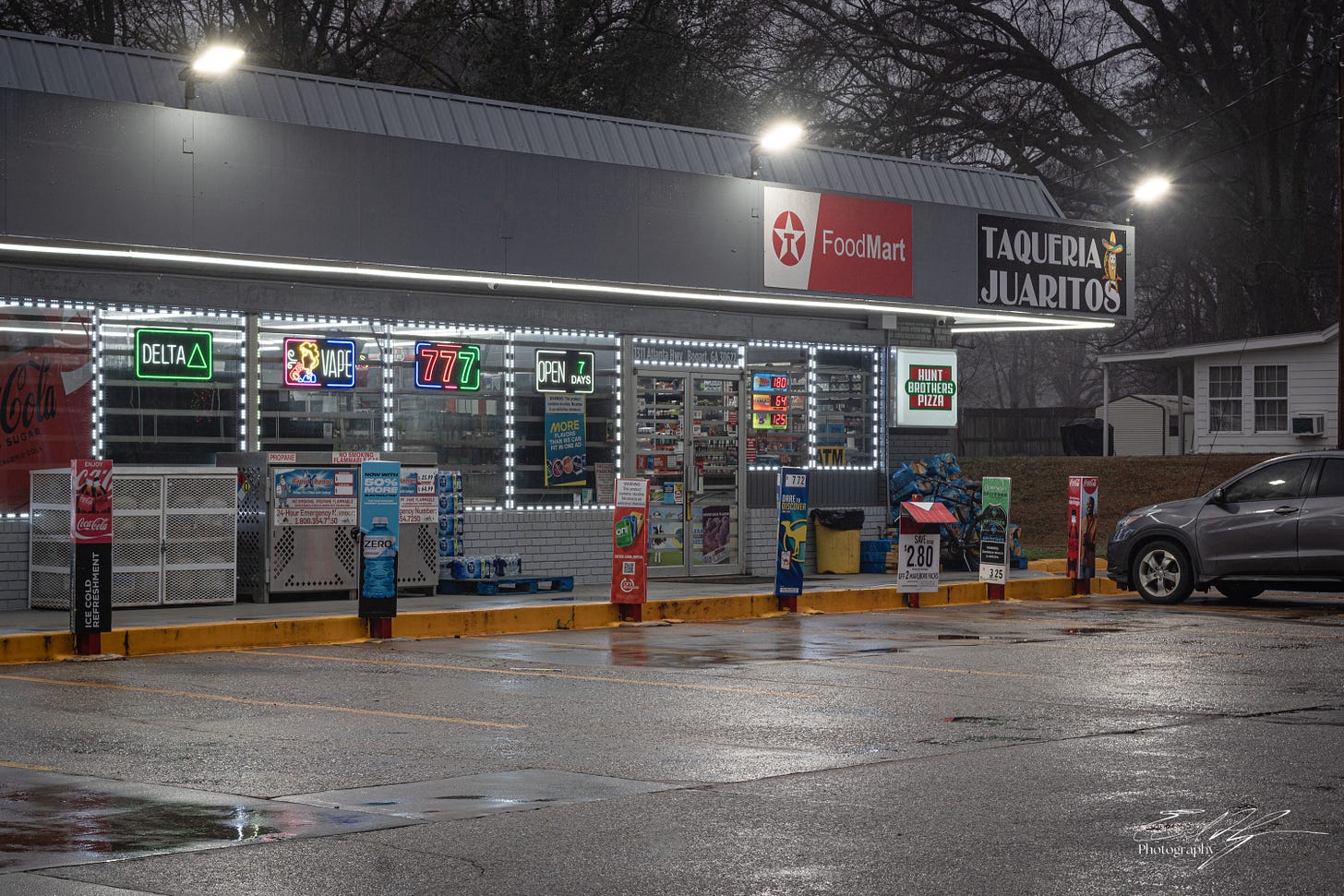 Early morning darkness at a gas station in Bogart, Ga