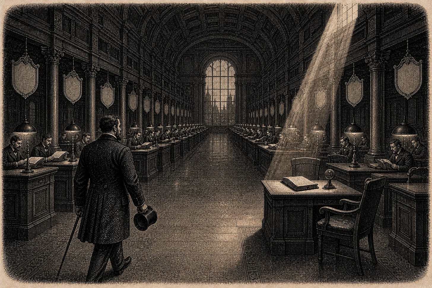 Wood-engraving editorial illustration in the Thomas Nast Harper's Weekly style for Attention Capital's essay Free Streaming, Expensive Underwriting. A long dimly lit institutional banking hall recedes into the deep distance, lined on both sides with identical credit desks staffed by Victorian-era bankers working under hooded brass lamps. Above each desk hangs a deliberately blank escutcheon shield. Halfway down the hall, one desk stands empty with a single bound contract waiting on its surface, illuminated by a beam of light from a clerestory window. A senior banker in formal frock coat steps forward from the foreground toward the empty desk. The composition visualizes the institutional implication of the essay: the asset-backed credit desks for music catalogs, film slates, and franchise IP are full, but the desk for owned-IP FAST supplier paper sits empty, waiting for the first institutional credit allocator to write the first deal. Wood-engraving editorial illustration in the Thomas Nast Harper's Weekly style for Attention Capital's essay Free Streaming, Expensive Underwriting. A long dimly lit institutional banking hall recedes into the deep distance, lined on both sides with identical credit desks staffed by Victorian-era bankers working under hooded brass lamps. Above each desk hangs a deliberately blank escutcheon shield. Halfway down the hall, one desk stands empty with a single bound contract waiting on its surface, illuminated by a beam of light from a clerestory window. A senior banker in formal frock coat steps forward from the foreground toward the empty desk. The composition visualizes the institutional implication of the essay: the asset-backed credit desks for music catalogs, film slates, and franchise IP are full, but the desk for owned-IP FAST supplier paper sits empty, waiting for the first institutional credit allocator to write the first deal.