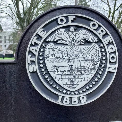 Cherry blossoms in Salem, daffadils, State of Oregon Seal