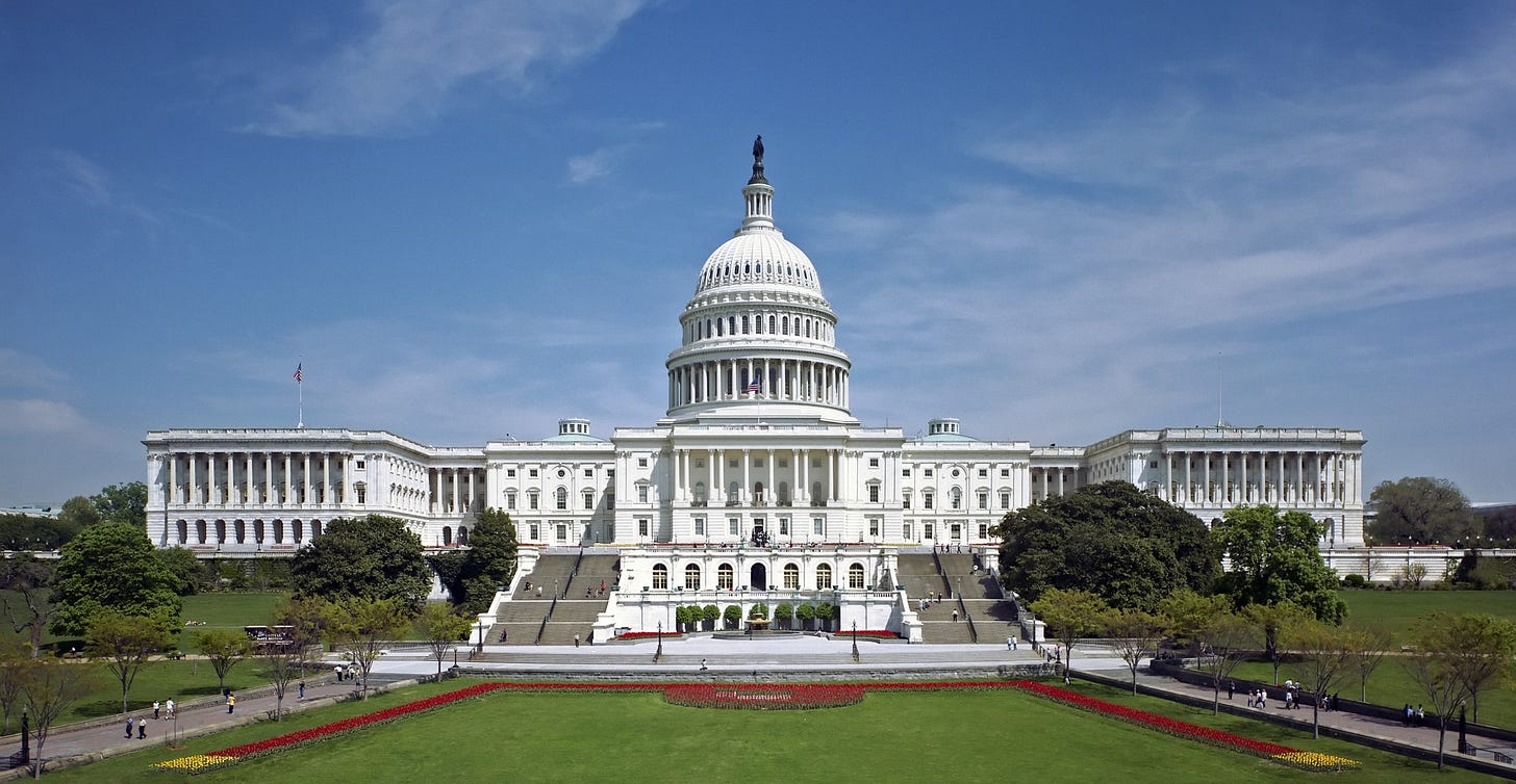Image from Wikimedia of the western front of the United States Capitol. Wikimedia Commons user derivative work: O.J. / CC BY-SA 4.0 https://commons.wikimedia.org/wiki/File:United_States_Capitol_west_front_edit2.jpg.