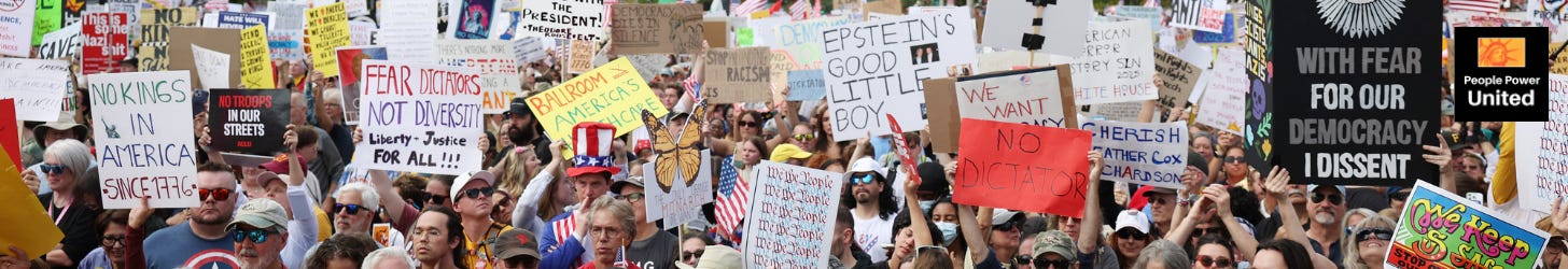 People Power United champions freedom over fascism, progress over fear, and power to the people. image of no kings rally and people power united logo.