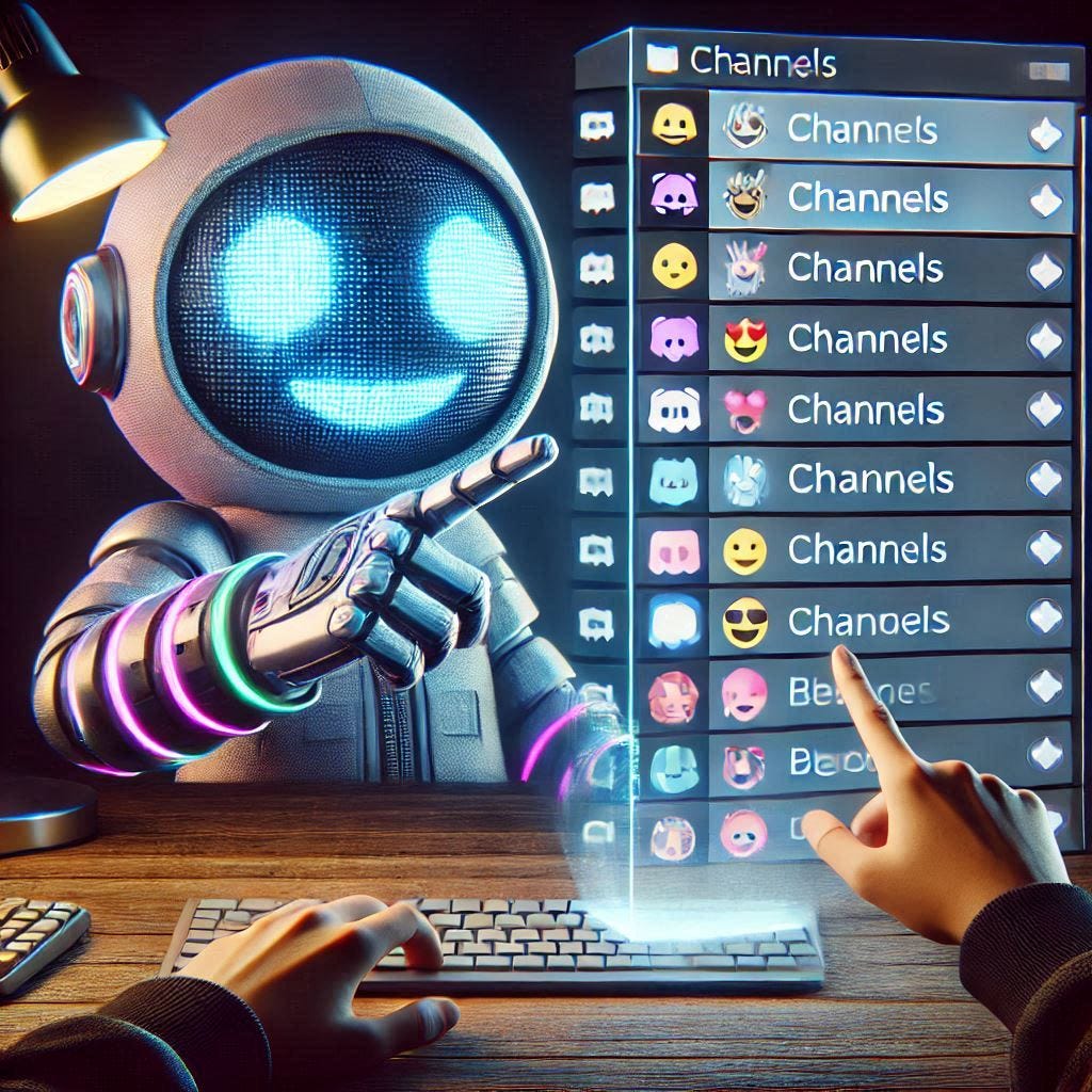 A futuristic desk setup featuring a holographic Discord interface projected in mid-air. The interface shows a well-structured list of channels, neatly categorized and color-coded, with emojis enhancing the channel names. A character or mascot is shown customizing the channels, symbolizing hands-on server organization.