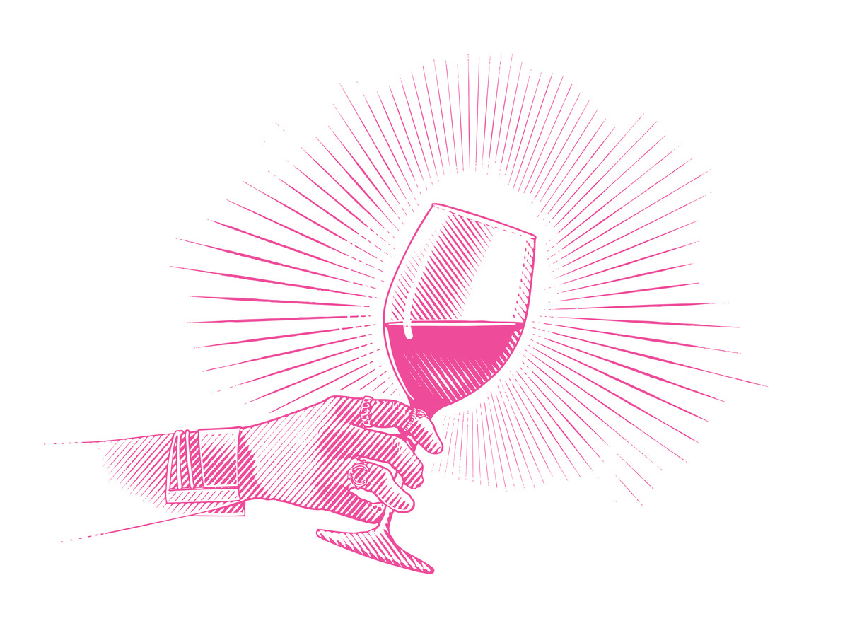 Engraving illustration Close up of glass of wine and woman's hand