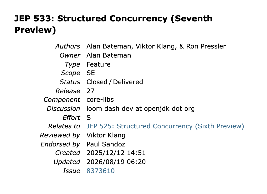 JEP 533, delivered in JDK 27 as the seventh preview of an API that started incubating in JDK 19. JEP 533, delivered in JDK 27 as the seventh preview of an API that started incubating in JDK 19.