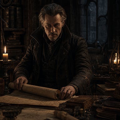 Rudolf Van Richten in his tower, angular weathered face, deep‑set intense eyes, ash‑gray swept‑back hair, short silver‑flecked beard, long dark coat and high collar, rolling up scrolls by candlelight, atmosphere of quiet authority and worn resolve