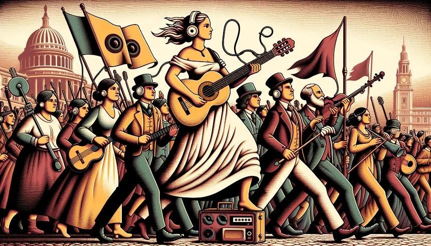 Pop music: A woman in the center holds an electric guitar and wears modern headphones. The other figures, dressed in 19th-century attire, hold musical instruments instead of weapons. Pop music: A woman in the center holds an electric guitar and wears modern headphones. The other figures, dressed in 19th-century attire, hold musical instruments instead of weapons.