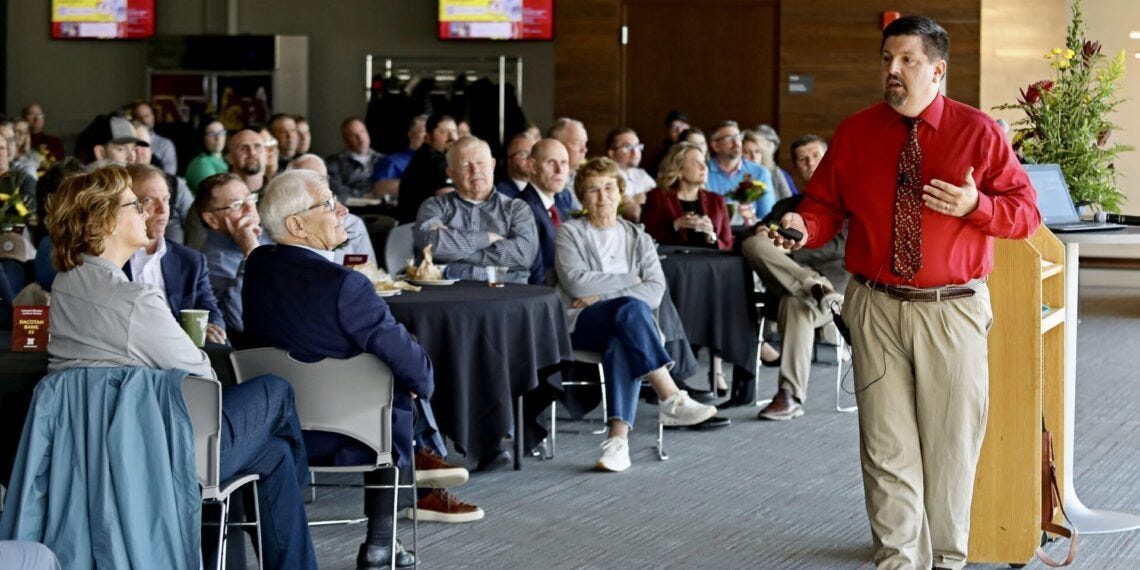 James Koltes, an associate professor at Iowa State University, discussed artificial intelligence in agriculture at this year's Lamont Rhodes Lecture earlier this month on the campus of Northern State University. Northern State photo by Elizabeth Varin.