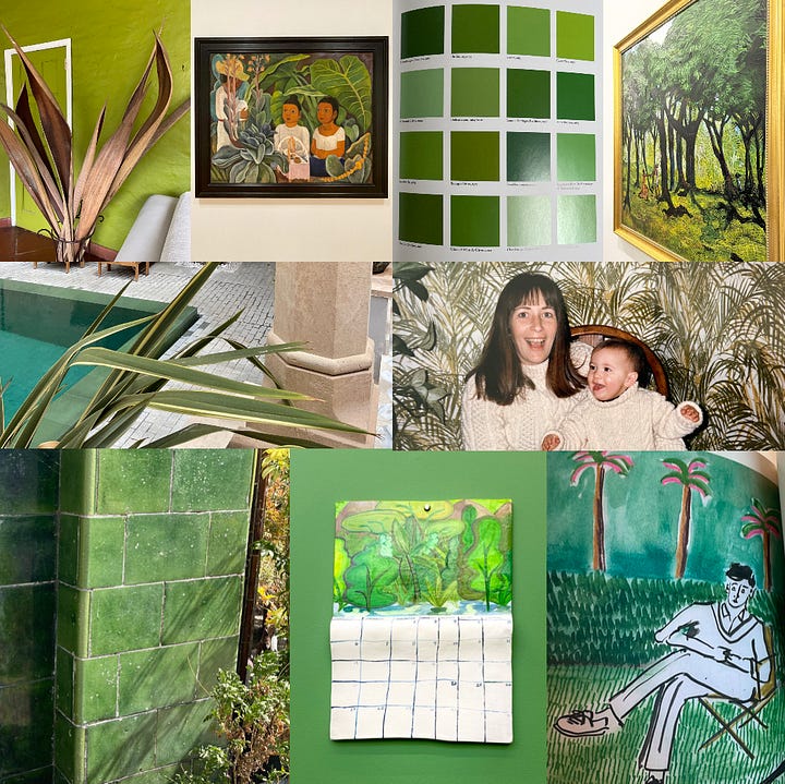 Images of collages of tiles, photos of gardens, paintings, wall paper, and paint all in various shades of green.
