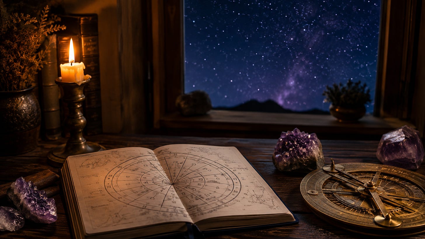 An open book on a desk lit by a candle, with a compass and amethyst beside it and the night sky through the window. An open book on a desk lit by a candle, with a compass and amethyst beside it and the night sky through the window.