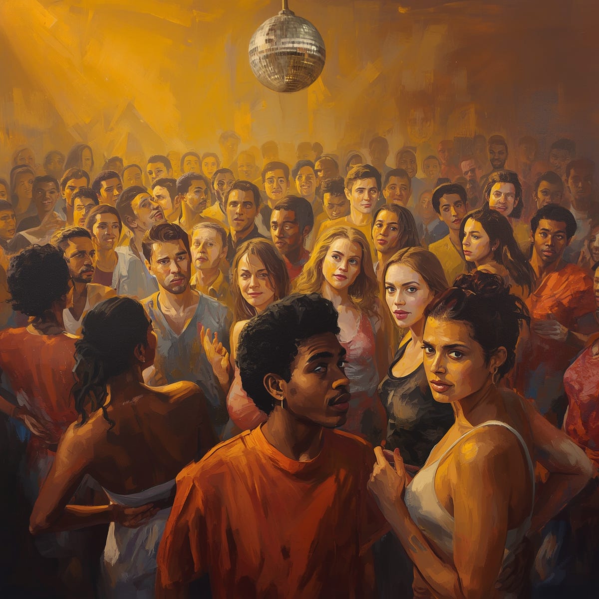 A modern painterly nightclub in golden-yellow tones as the lights come on. A diverse crowd of varied ethnicities, ages and body types exchange tired, amused, slightly awkward glances. Warm ochres, expressive brushstrokes, disco ball, contemporary art style. A modern painterly nightclub in golden-yellow tones as the lights come on. A diverse crowd of varied ethnicities, ages and body types exchange tired, amused, slightly awkward glances. Warm ochres, expressive brushstrokes, disco ball, contemporary art style.
