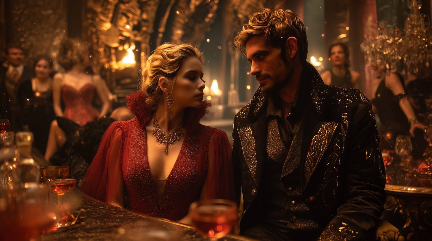 Two elegantly dressed figures sit close together in a glowing obsidian banquet hall, surrounded by guests and golden candlelight.